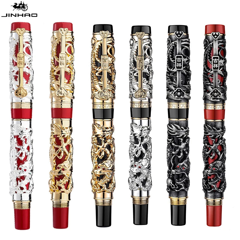 Jinhao 6 Style The Latest Design 3D Dragon Relief And Phoenix Golden Metal Fountain Pen Luxury Writing Gift Business Pens