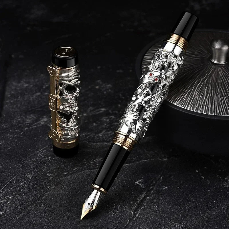 Luxury Jinhao 3D Dragon Relief and Phoenix Golden Metal Fountain Pen Stationery Business School Office Supplies Pen for Writing