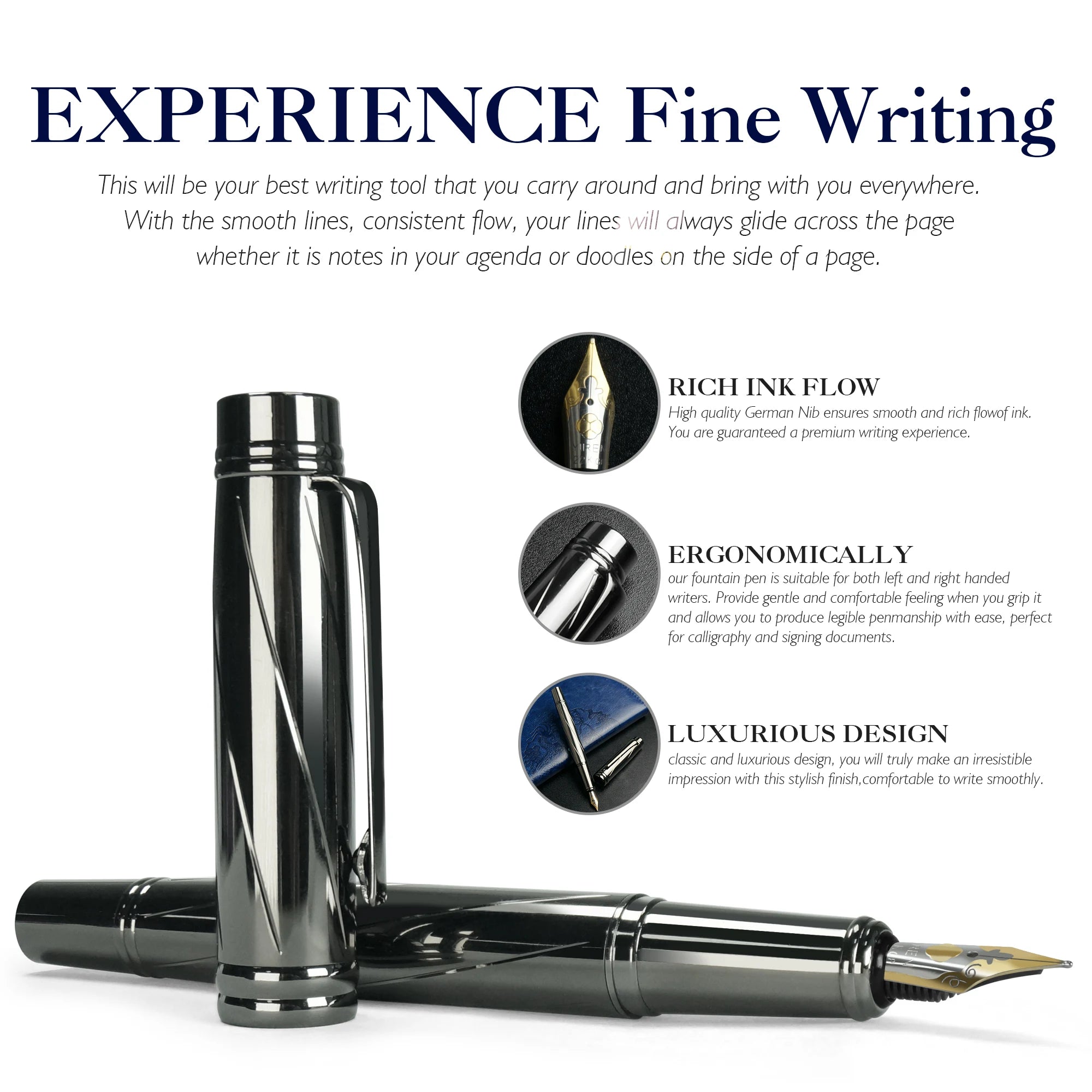 Luxury Metal Calligraphy Fountain Pen with Twist Converter for Standard Ink Medium Nib Writing