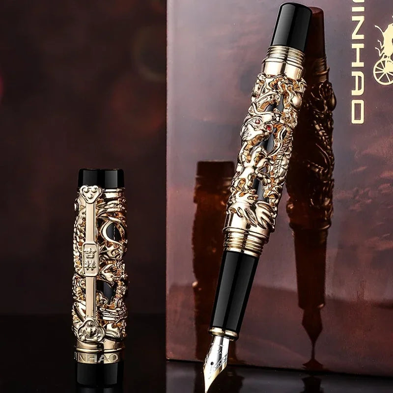 Luxury Jinhao 3D Dragon Relief and Phoenix Golden Metal Fountain Pen Stationery Business School Office Supplies Pen for Writing