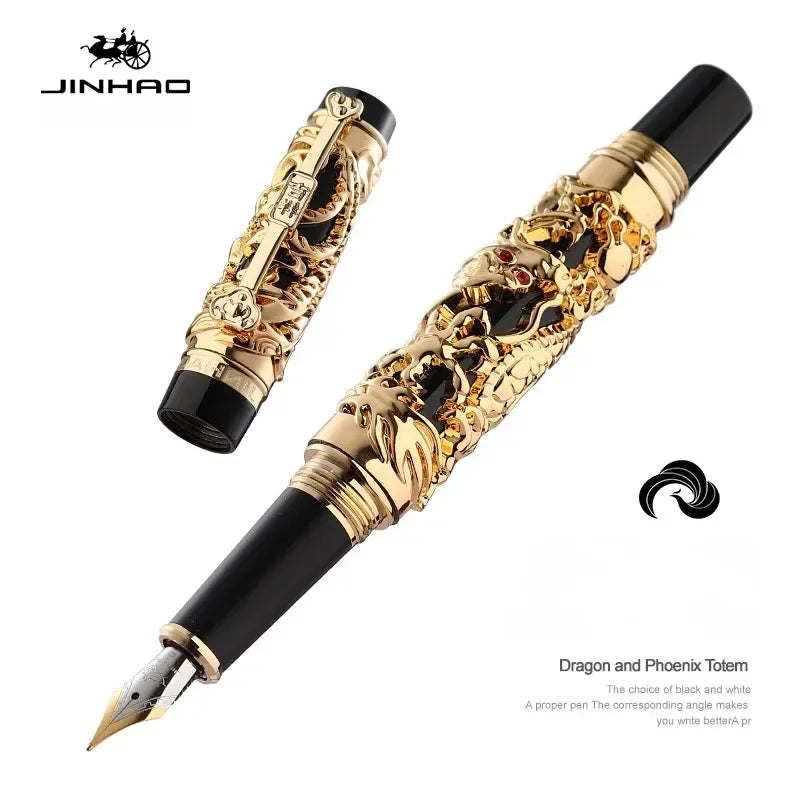 Luxury Jinhao 3D Dragon Relief and Phoenix Golden Metal Fountain Pen Stationery Business School Office Supplies Pen for Writing